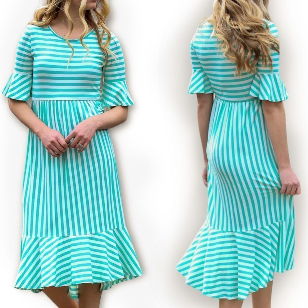 Reborn J Striped Midi Dress S Small Women’s Ruffle Green White High Low Stretch